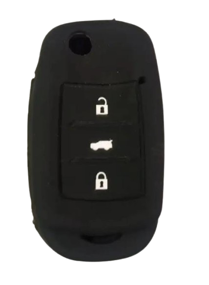 Black car key fob cover with lock and unlock symbols on a white background